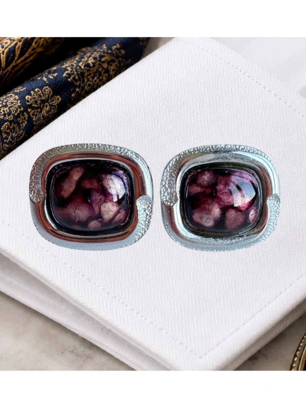 Japanese Cloisonne Cufflinks Purple Enamel Silver Tone Vintage Mens Formalwear
